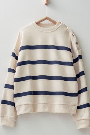 0265-8011<br/>Spacious Striped Sweatshirt - Gold Button Detail