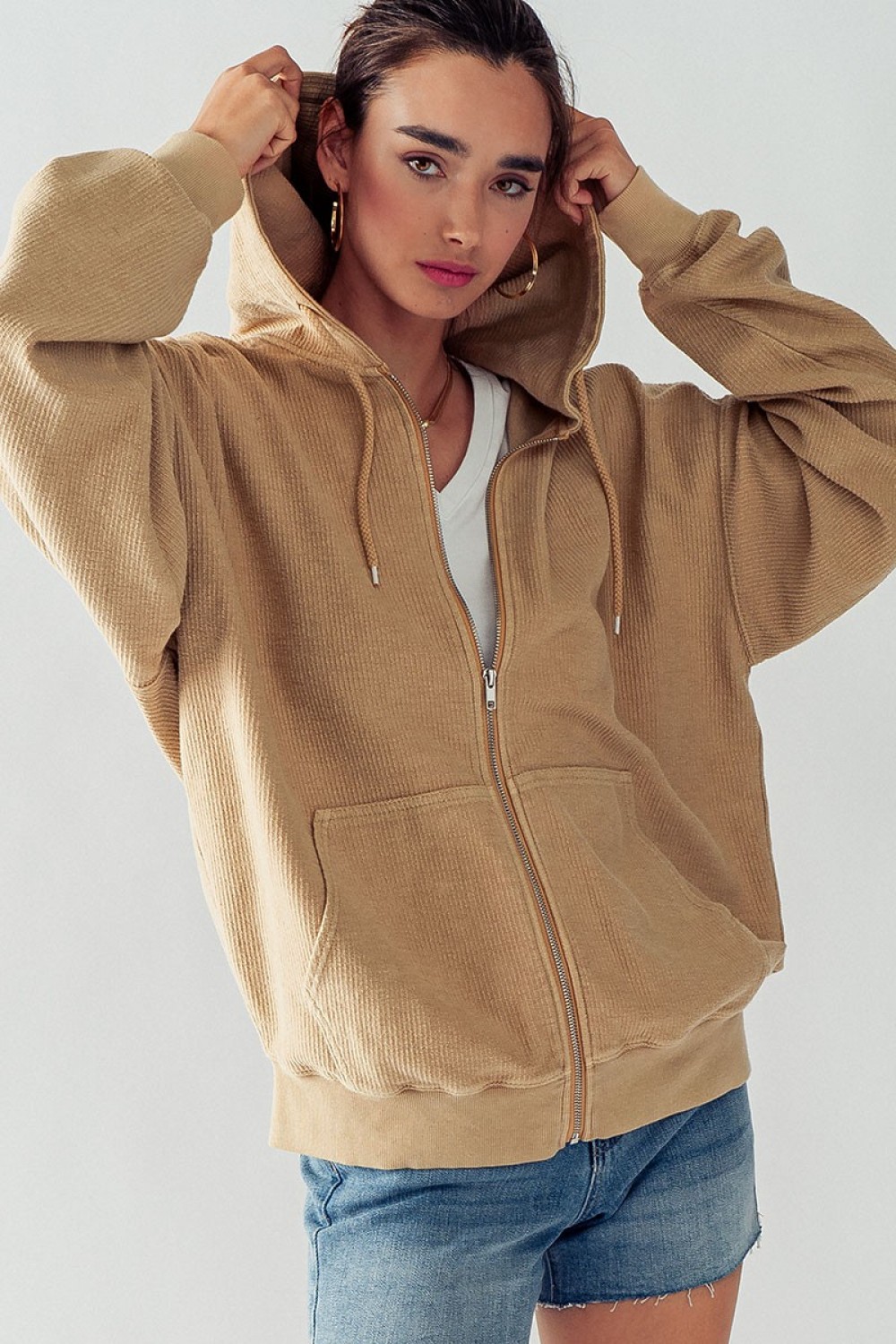 0614-2929<br/>EMILY OVERSIZED RIBBED DOLMAN ZIP UP HOODIE